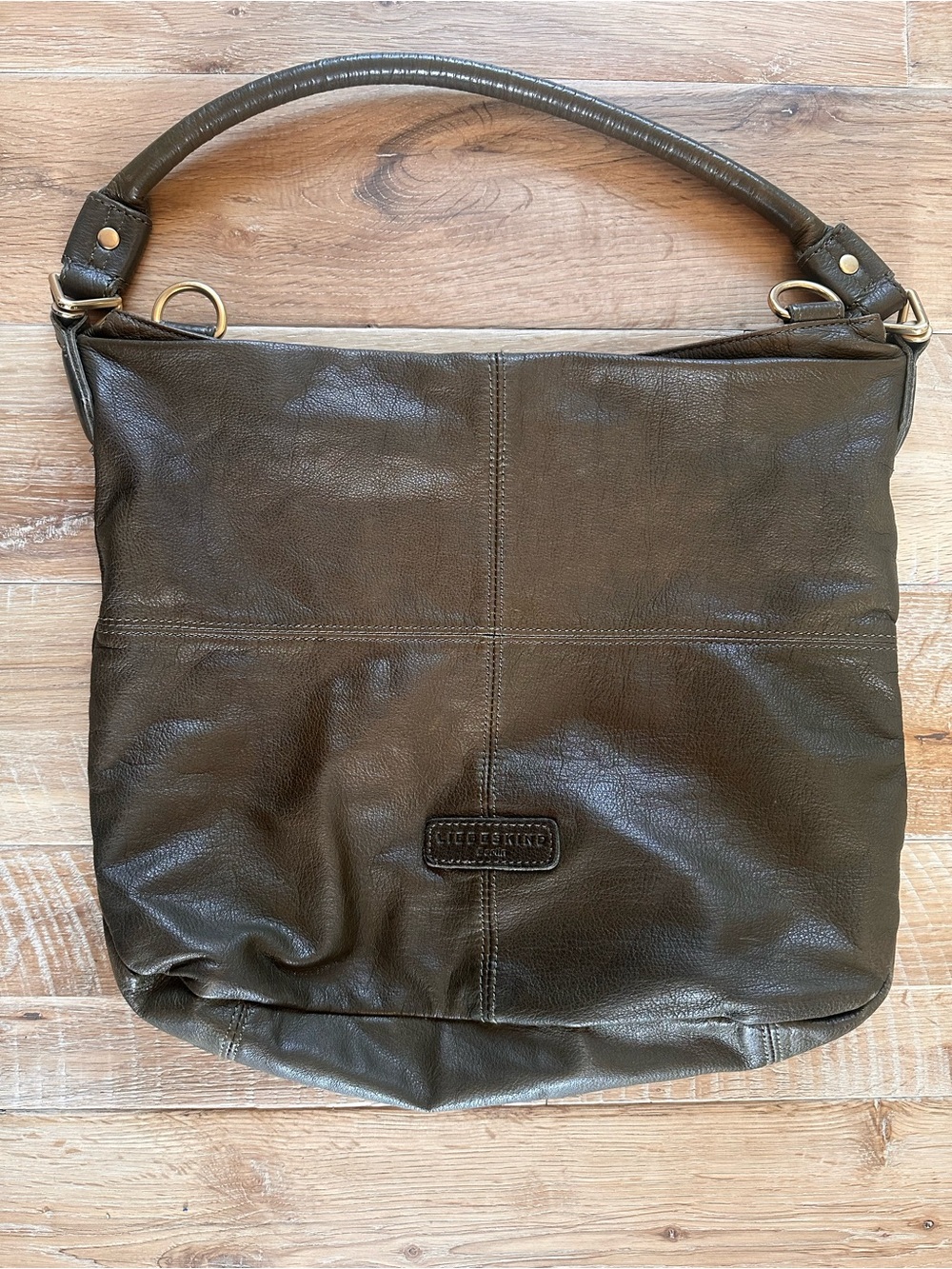 Liebeskind Olive Leather Hobo Shoulder Bag with Gold Hardware